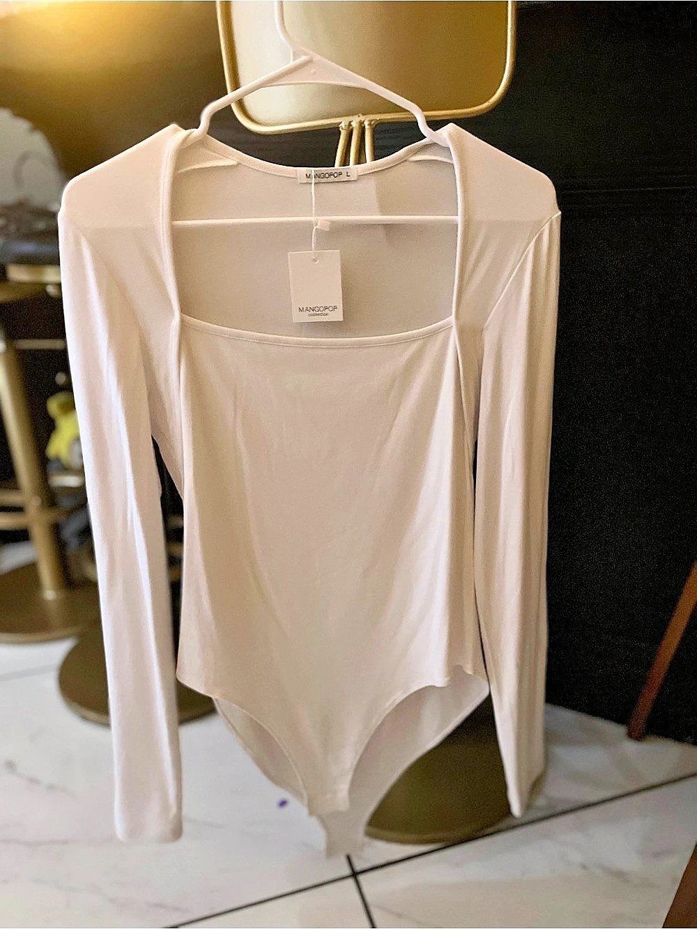 MANGOPOP Women's Square Neck Long Sleeve Bodysuit White Large